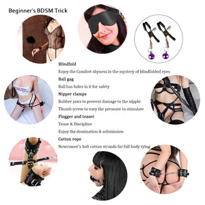 BDSM Restraints Sex Toys Bondage Restraints Set Fetish Bed Restraints Kits for Beginners SM Adult Games Safe Cosplay BDSM Cuffs Nipple Clamps Flogger Ball Gag Blindfold Rope